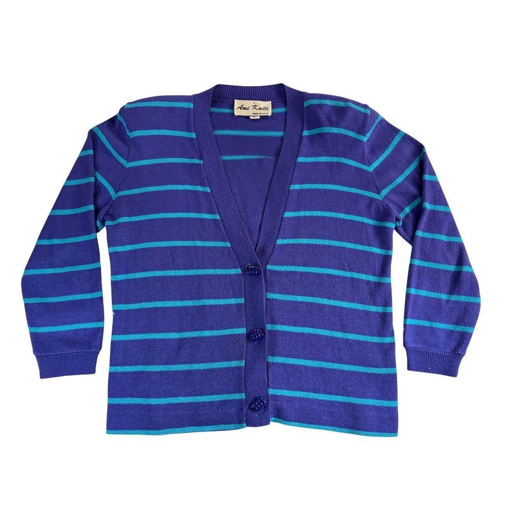 Vintage Ami Knits 80s Cardigan Sweater Size 12 Purple Teal Striped Made in USA